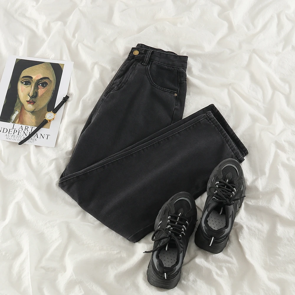 Брюки с прямыми штанинами женские универсальные тонкие черные джинсы завышенной