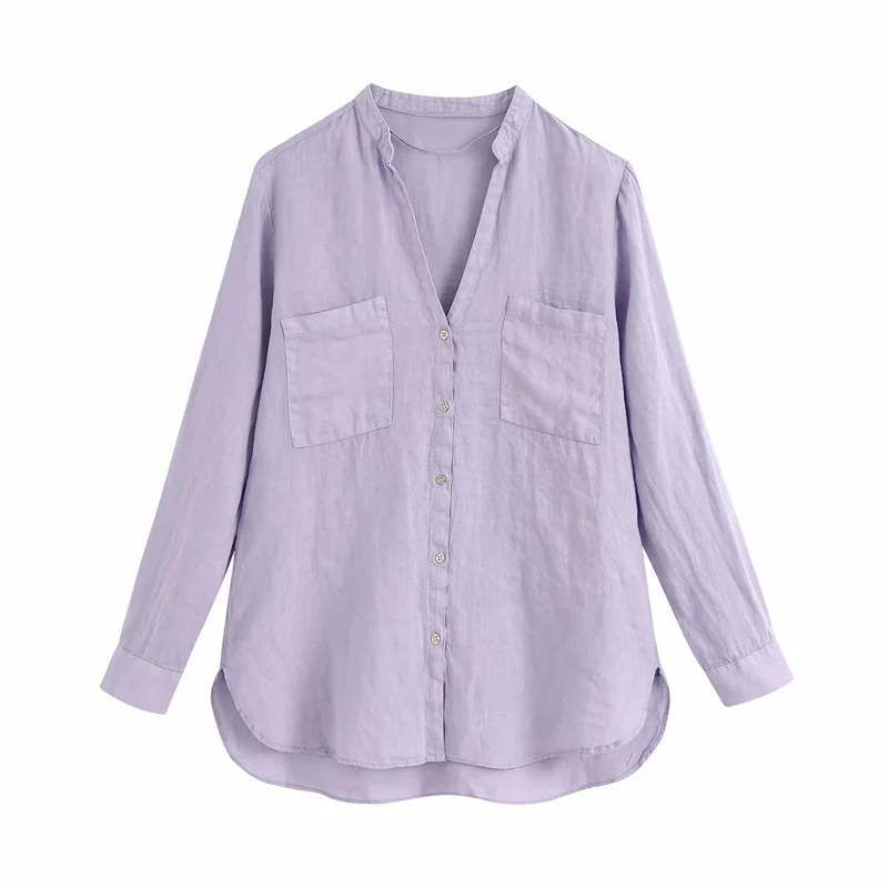 Женская винтажная блузка из хлопка и льна Повседневная Свободная Однотонная