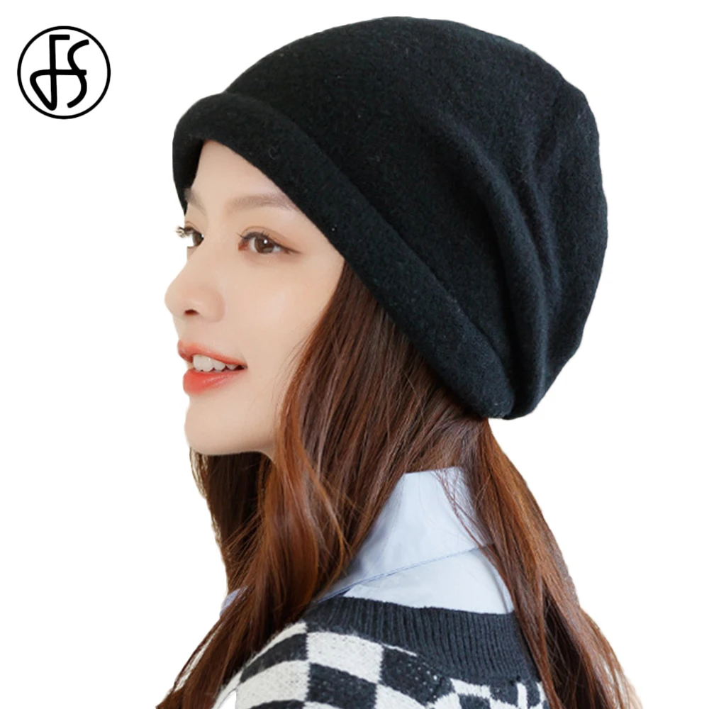 

FS Women Berets Knitted Wool Hats Winter Warm Ins Female Cap Girls Beanies Hat Gorros Bonnet Femme Hiver Pullover Cap Korean