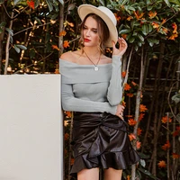 simplee off shoulder elastic winter sweater women short gray lapel pullover sexy white jumpers autumn bodycon basic knitwear top