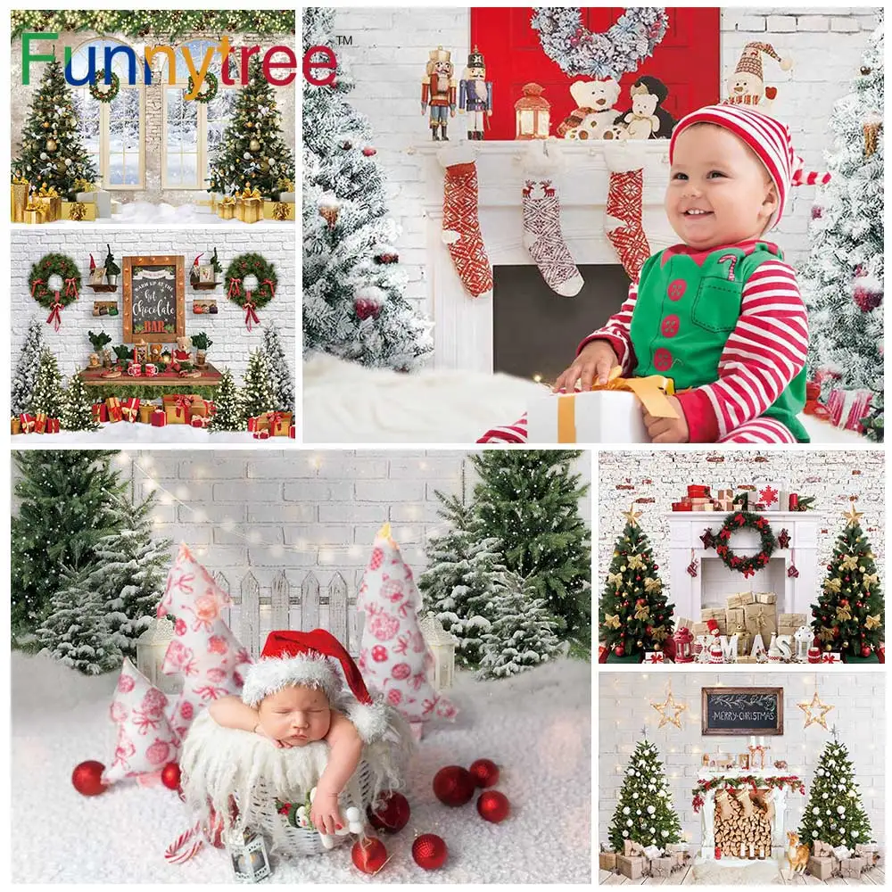 

Funnytree Merry Christmas Party Fireplace New Year Backdrop Snow White Brick Wall Photography Decoration Photozone Background