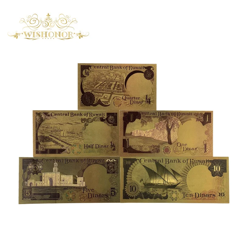 

5pcs/Set New Color Kuwait Banknote Gold Plated Paper Money Crafts For Collection Note Currency