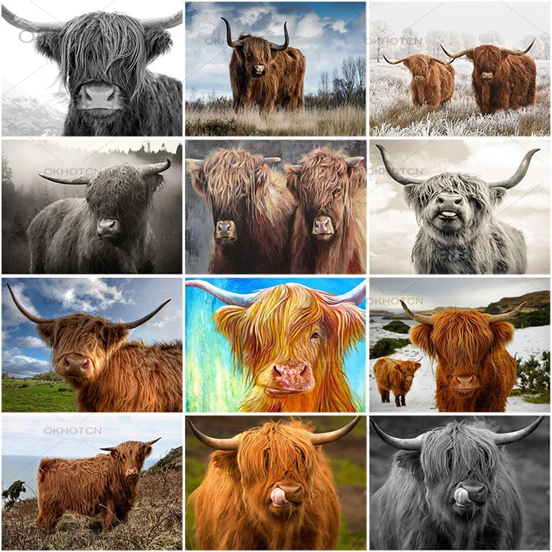 

DIY 5D Diamond Painting Highland Cow Full Round Drill Animal Mosaic Diamond Embroidery Cross Stitch Kits Rhinestones Home Decor