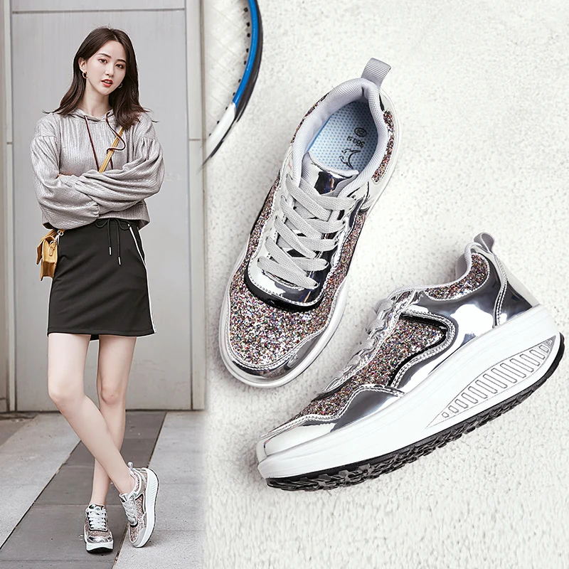 

High-end women's casual sports shoes, four seasons thick-soled sequined rocking shoes, outdoor fitness women's shoes