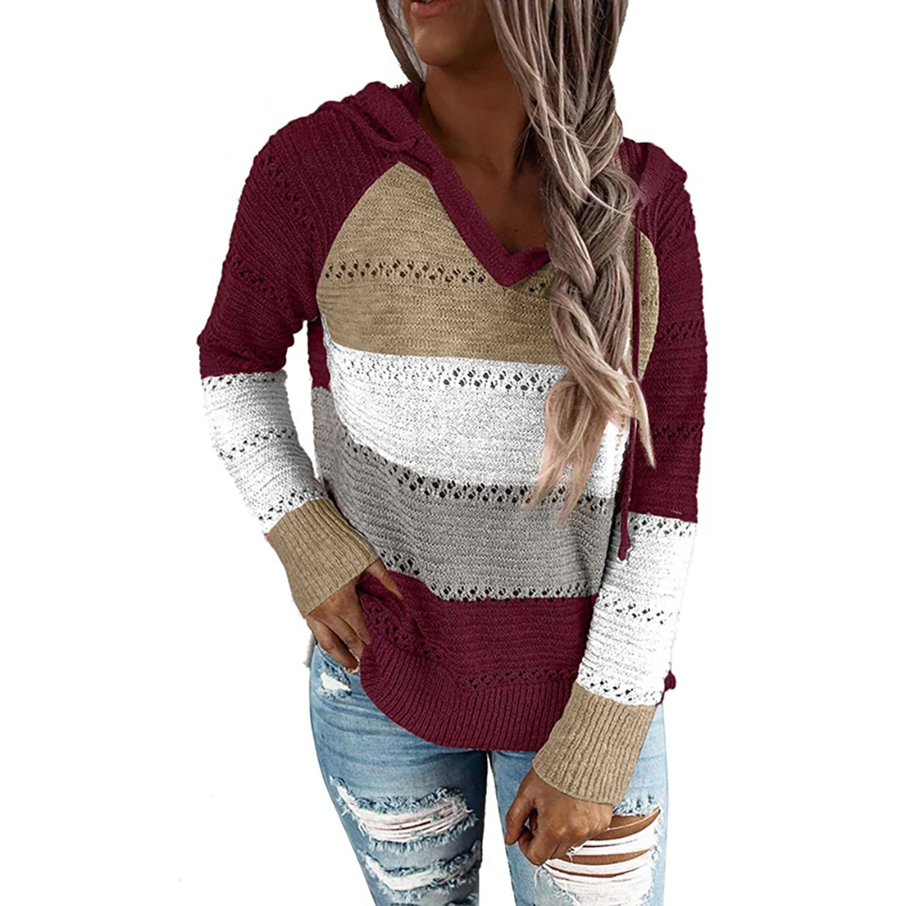 

Casual Women Autumn Long Sleeve Stripe Patchwork Knitted Pullover Hooded Sweater