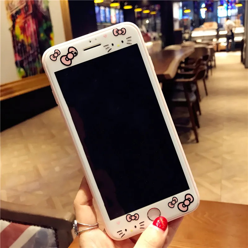 360 милый мягкий чехол с рисунком hello kitty Cat для IPhone XR XS Max X 10 8 7 6 6s Plus+ Передняя пленка из закаленного стекла