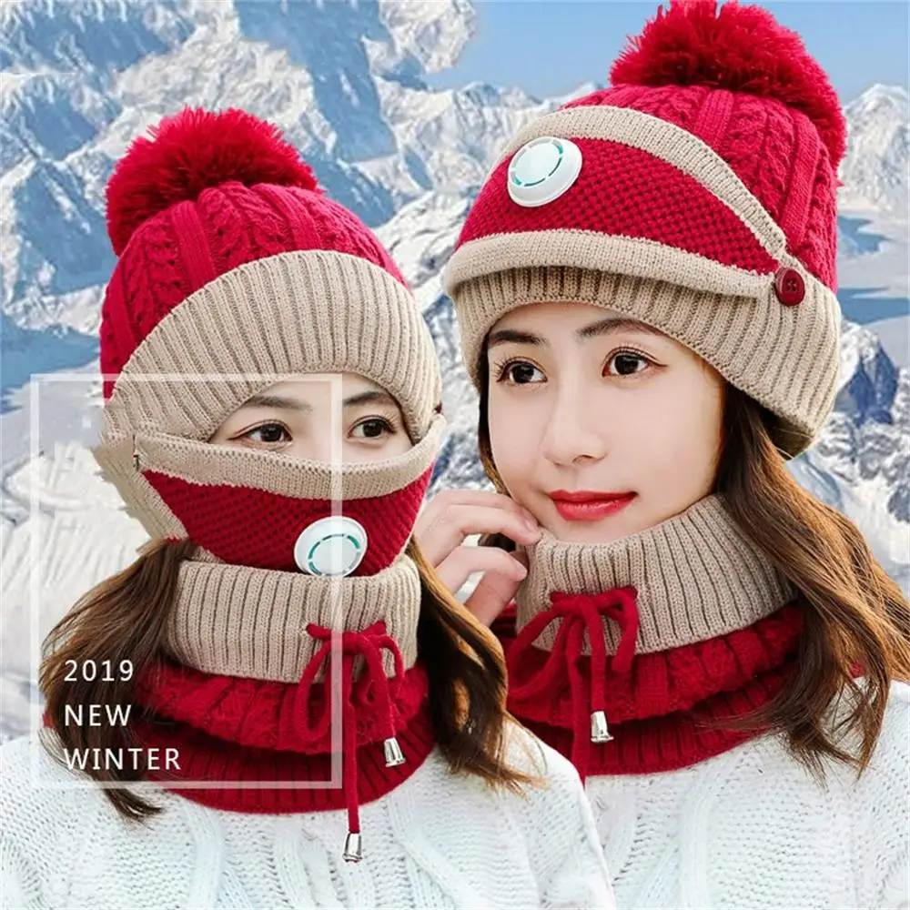 5Sets/lot Women Hats Knitted Wool Scarf Hat Pompom Cap Set Warm Winter + Mask Female Riding Bicycle Outdoor | Детская одежда и