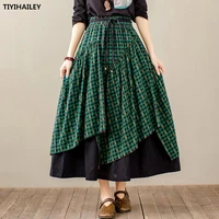 tiyihailey free shipping 2021 new long maxi a line elastic waist women autumn cotton linen plaid irregular print skirts spring