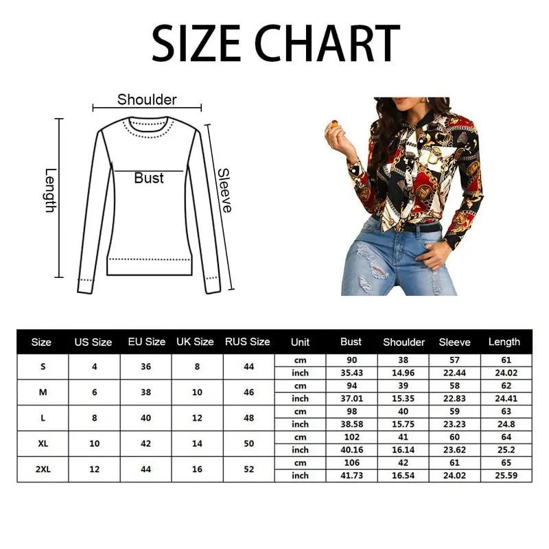 

Fashion Women Chain Printed Vintage Blouse Shirts Female High Street Ladies Shirt Neckline With Long-sleevedshirt Blouse