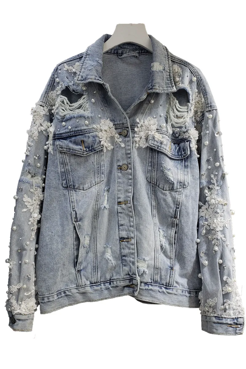 

2021 Spring Autumn New Rhinestone Beaded Flower Loose Jeans Jackets Coat Female Hole Long Sleeve Denim Jacket for Women Coats