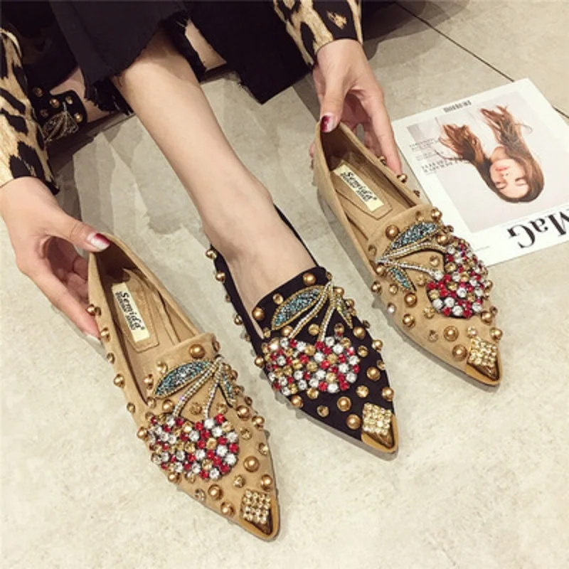 

2021 Autumn New Luxury Muller Ladies Flat Shoes Rhinestone Shiny Cherry Women's Metal Pointed Toe Casual Comfortable Loafers 43