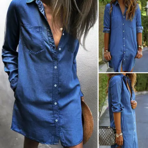 Женское джинсовое мини-платье повседневное свободное платье-рубашка с длинным