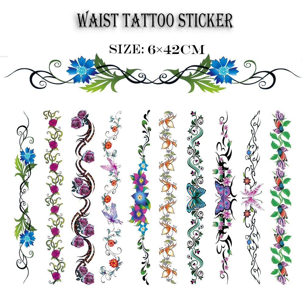 

2021 Summer Waterproof Temporary Tattoo Stickers Women's Waist sticker Rattan Flower Rose Peony Chest Fake Tatto Flash Body Art