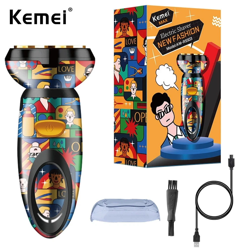 

KEMEI Electric Shaver Double-Head Beard Razor Fashion Prints USB Charging Men Washable Machine Shaver Beard Razors Rechargeable