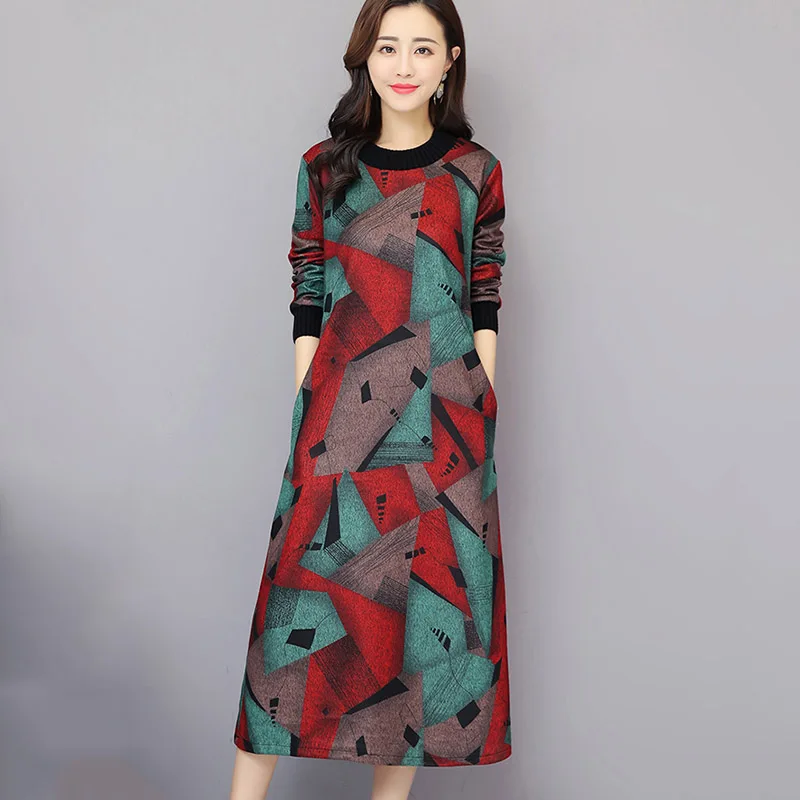 Женское шерстяное платье с длинным рукавом бархатное утепленное большого