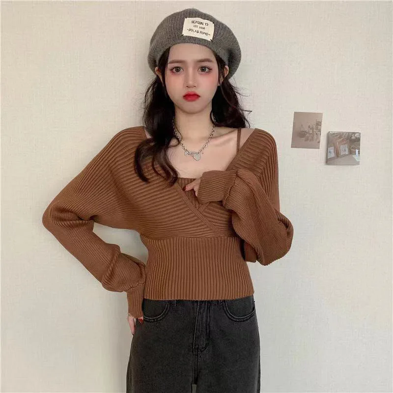 Fashion Sexy Strap Knitted Women Sweaters Big Size Knit Pullover Autumn Long Sleeve White Sweater Elegant Ladies Pink Blusas XL enlarge