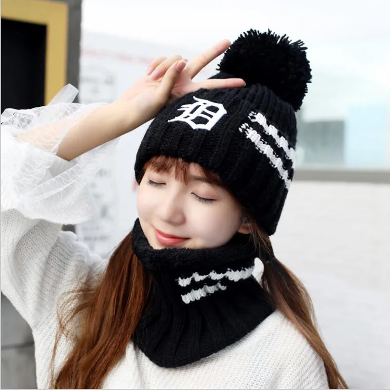 Для девочек лыжный новый бренд большой мех помпоны вязаный шарик шапки шарф