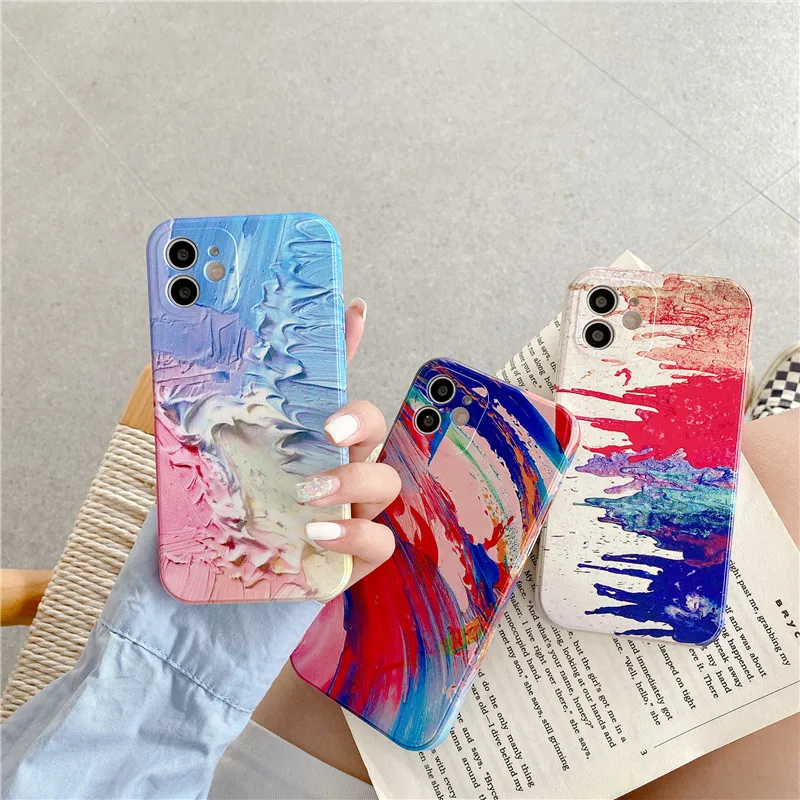 

Watercolor pattern Phone Case For iPhone 11 12 Pro Max XS X XR 7 8 Plus SE Luxury Dreamy Colorful Graffiti Soft TPU Back Cover