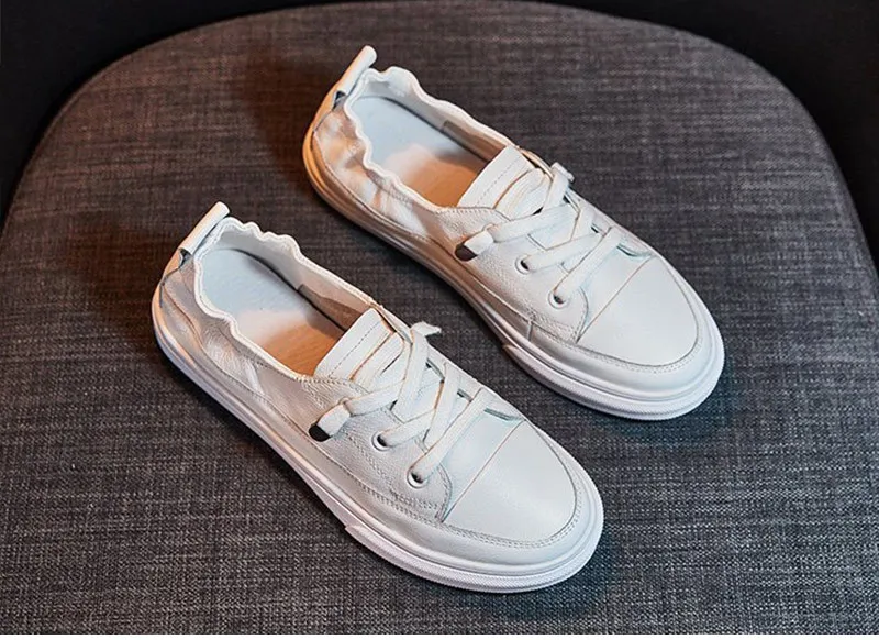 Women Comfy White Flats Pu Soft Leather Ladies Shoes Lace Up Casual Comfort Autumn Vulcanize Fashion Loafers Young Lace-Up