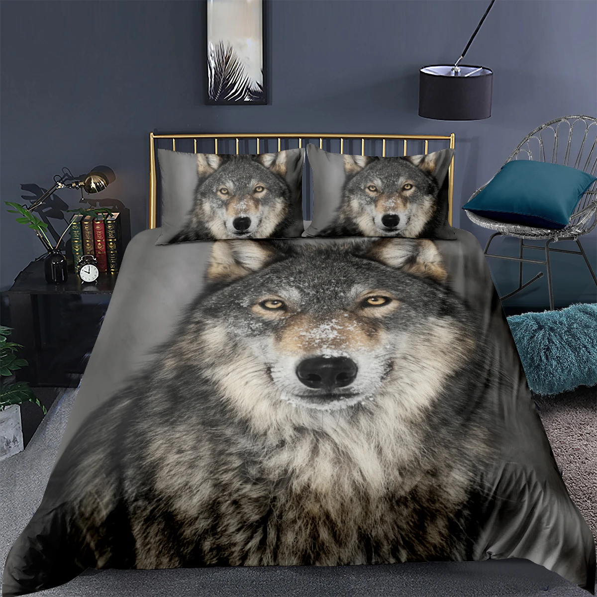 

3D Wolf Duvet Cover Sets Blue Comforter Cases Pillow Slips Full Double Single Twin Queen Size 140*210cm Animals Bedding Set