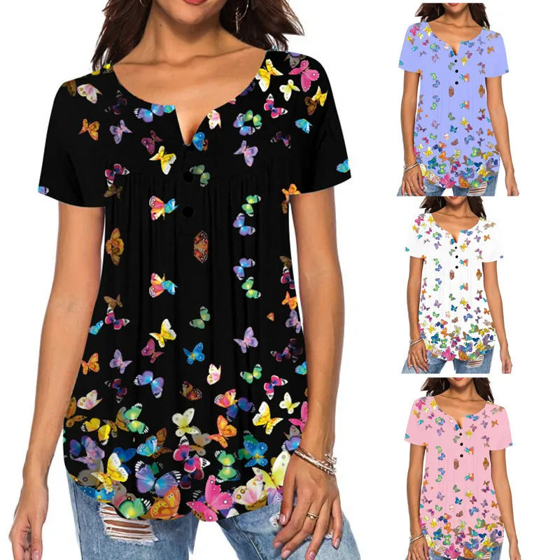 

Женская свободная футболка с принтом бабочек, элегантная плиссированная рубашка с круглым вырезом, летний топ на пуговицах, AM2134, размера пл...