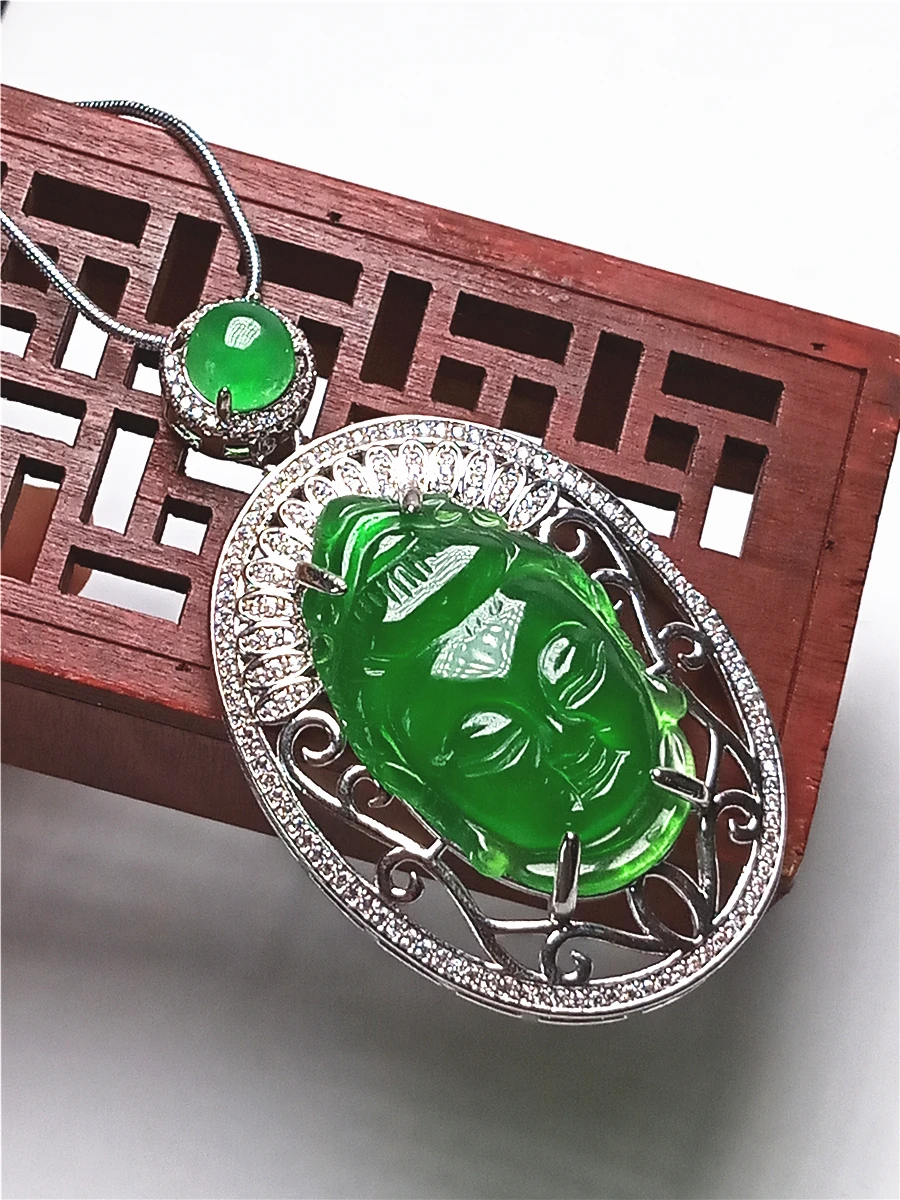 

LETSFUN Full Green Jade Buddha 925 Sterling Silver Mosaic Women Luxurious Necklace Emerald Necklace