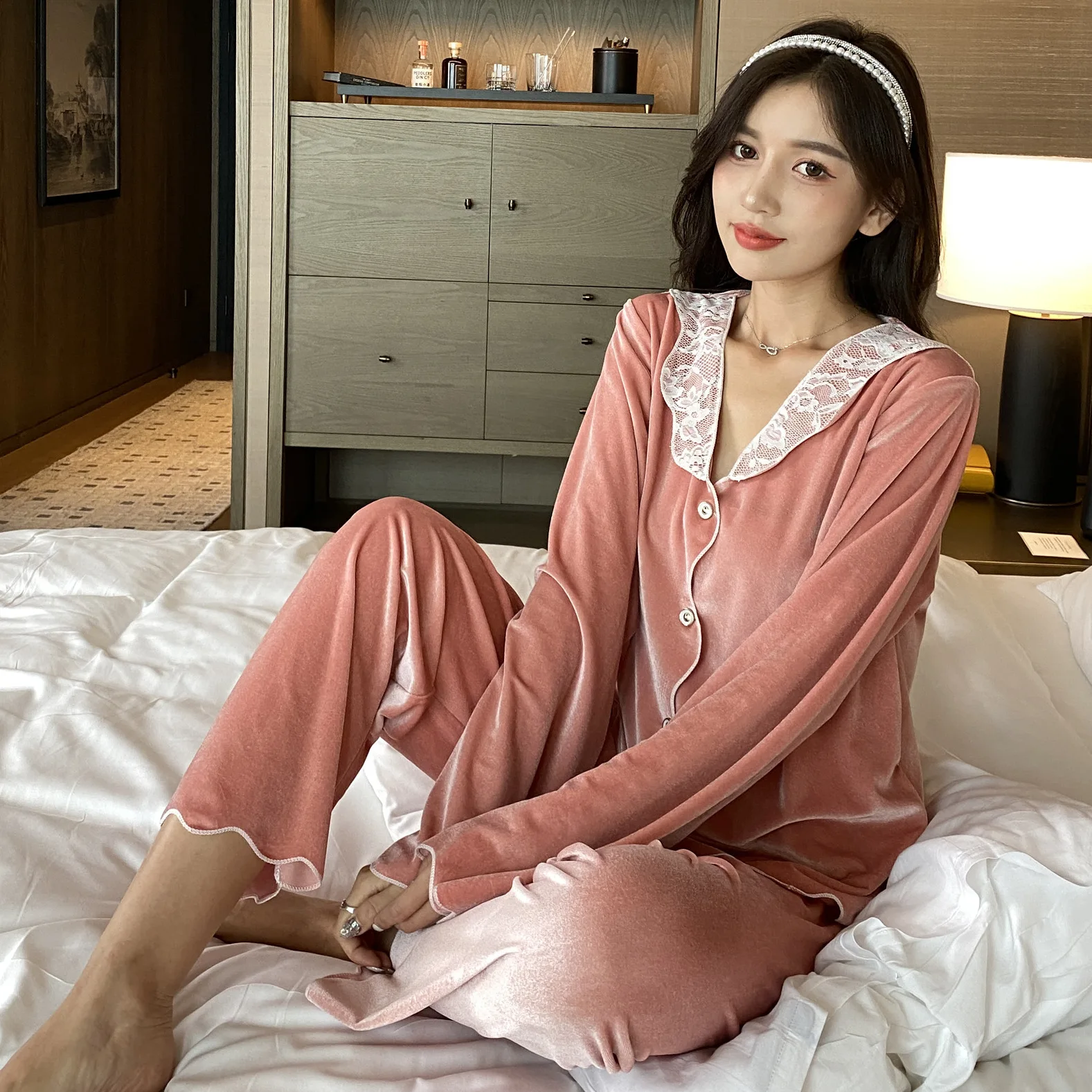 Home Clothes for Women Lace Thin Section Solid Color Button Up Pajama Set Spring Autumn Woman Princess Long Sleeved Lace