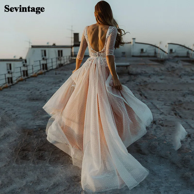 

Chic Точки Тюль богемное свадебное платье, с коротким рукавом, кружевное пляжное свадебные вечерние платья с аппликациями, с низким вырезом н...