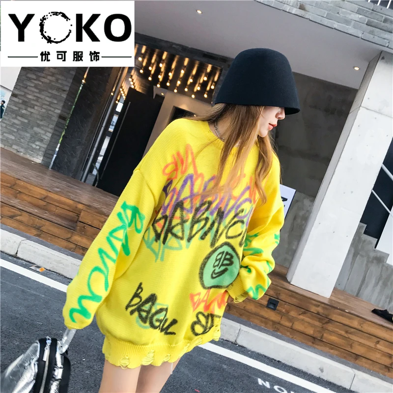 Yellow YOKO свитер женский Осень Зима Новая мода свободная Корейская версия ручная роспись граффити ленивый стиль свитер размера плюс платье - Цвет: Yellow