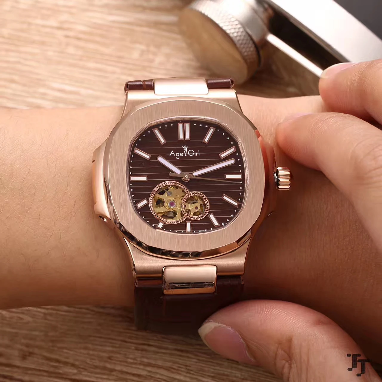 

Luxury Brand New Men Japanese Automatic Mechanical Rose Gold Stainless Steel Tourbillion Bezel Black Blue Leather Sapphire Watch