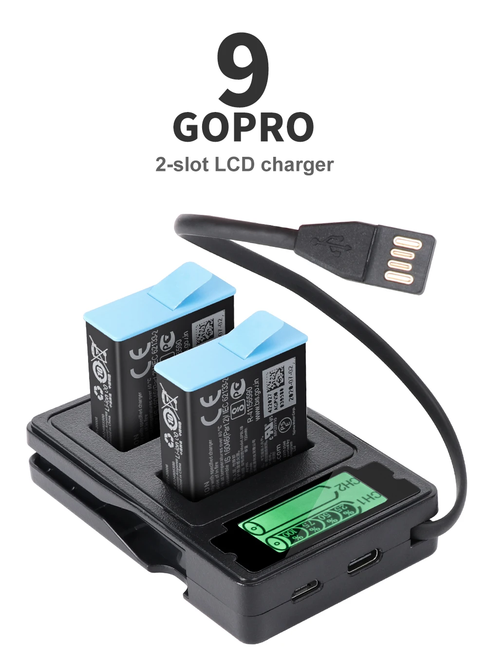 Для GoPro Hero 9 черный двойной канал зарядное устройство ЖК-дисплей Micro USB/Type C