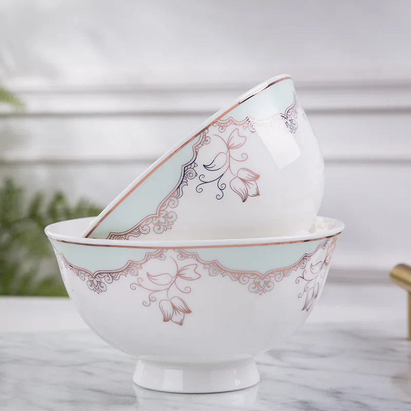 Chinese Round Applique Bowls and Dishes Jingdezhen Ceramic Tableware Bone China Rice Bowl Ramen Noodles Soup Serving