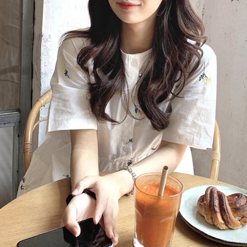 

Woman Dress White Embroidery Floral Mid-Calf Cotton Clothing 2021 Summer Short Sleeve Loose Lined Cute Sweet Sundress