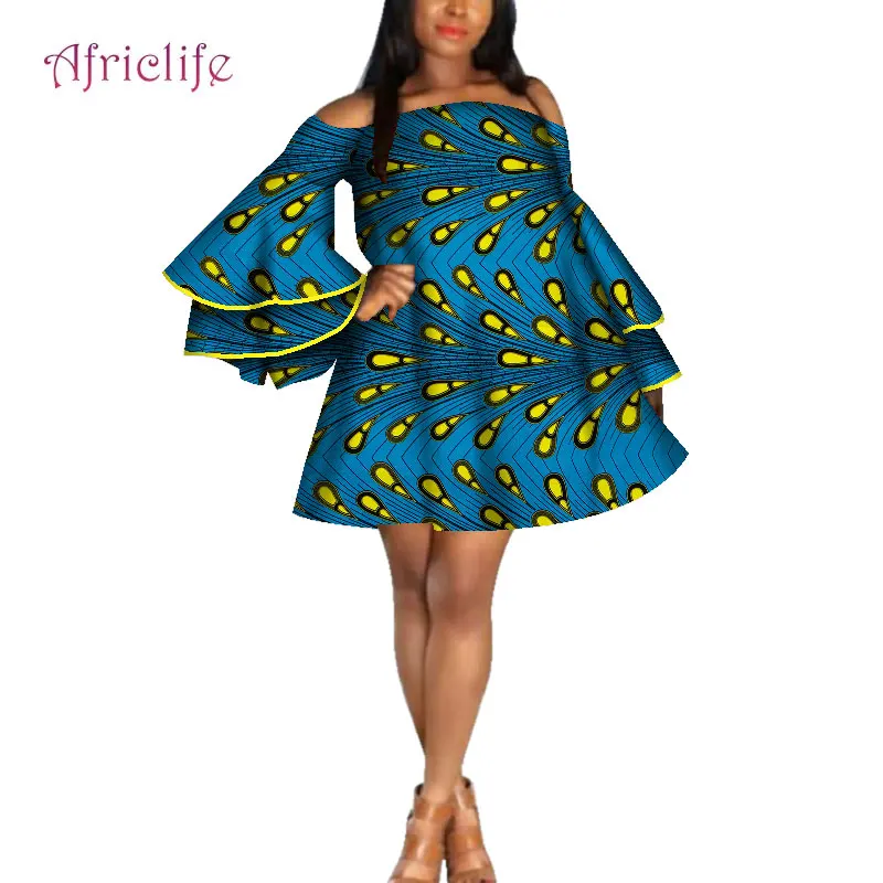 

Slash Neck Summer Dresses for Sexy Lady Sweet Style Bazin Riche Wax Print Party Dresses Knee Skirt For Girls WY4267