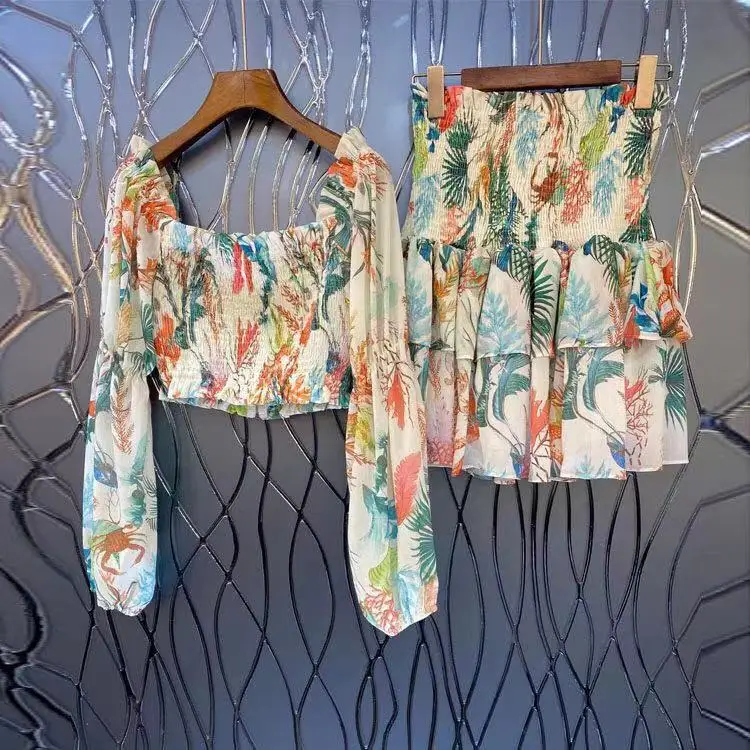 

ZALady Summer Beach Bohemia Short Tops And Mini Ruffles Skirts Elegant Sexy Vacation Ruched Floral Two Piece Sets Suit Outfits