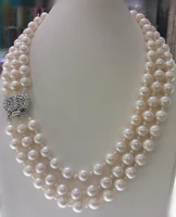 wholesale 3 rows natural aa 9 10mm white round freshwater pearl and nice clasp necklace