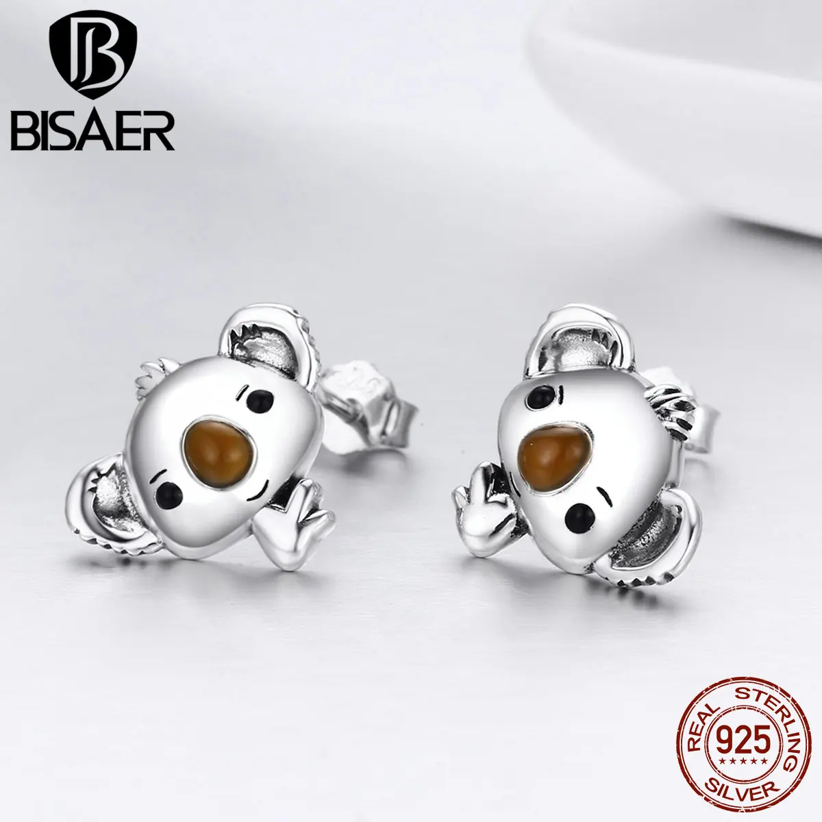 Женские серьги пусеты BISAER из серебра 925 пробы с коаловым медведем Ювелирное