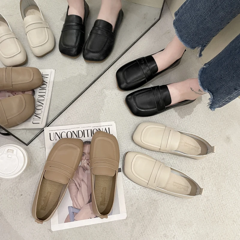 

Shoes Woman 2021 Shallow Mouth Autumn Casual Female Sneakers Oxfords Square Toe British Style Flats New Summer Fall Moccasin Lea