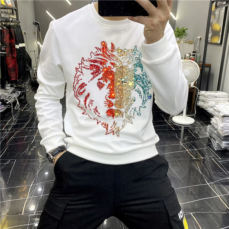 spring and autumn european new brand design mens hoodie hot drill plush thick lion fashion sweatshirt round neck warm pullover free global shipping