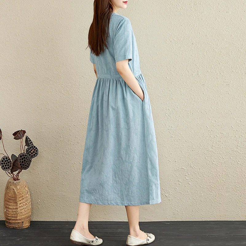 

Elifashion New Literary Loose Jacquard Cotton & Linen Stand Collar Short-sleeve Dress Women Waist Mid-long Section 2020 Summer