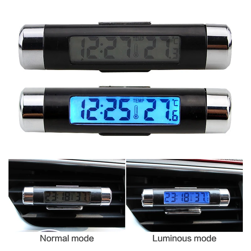 2 In 1 Car Auto Thermometer Clock Calendar LCD Digital Display Screen Clip-on Digital Blue Back Light Automotive Accessories