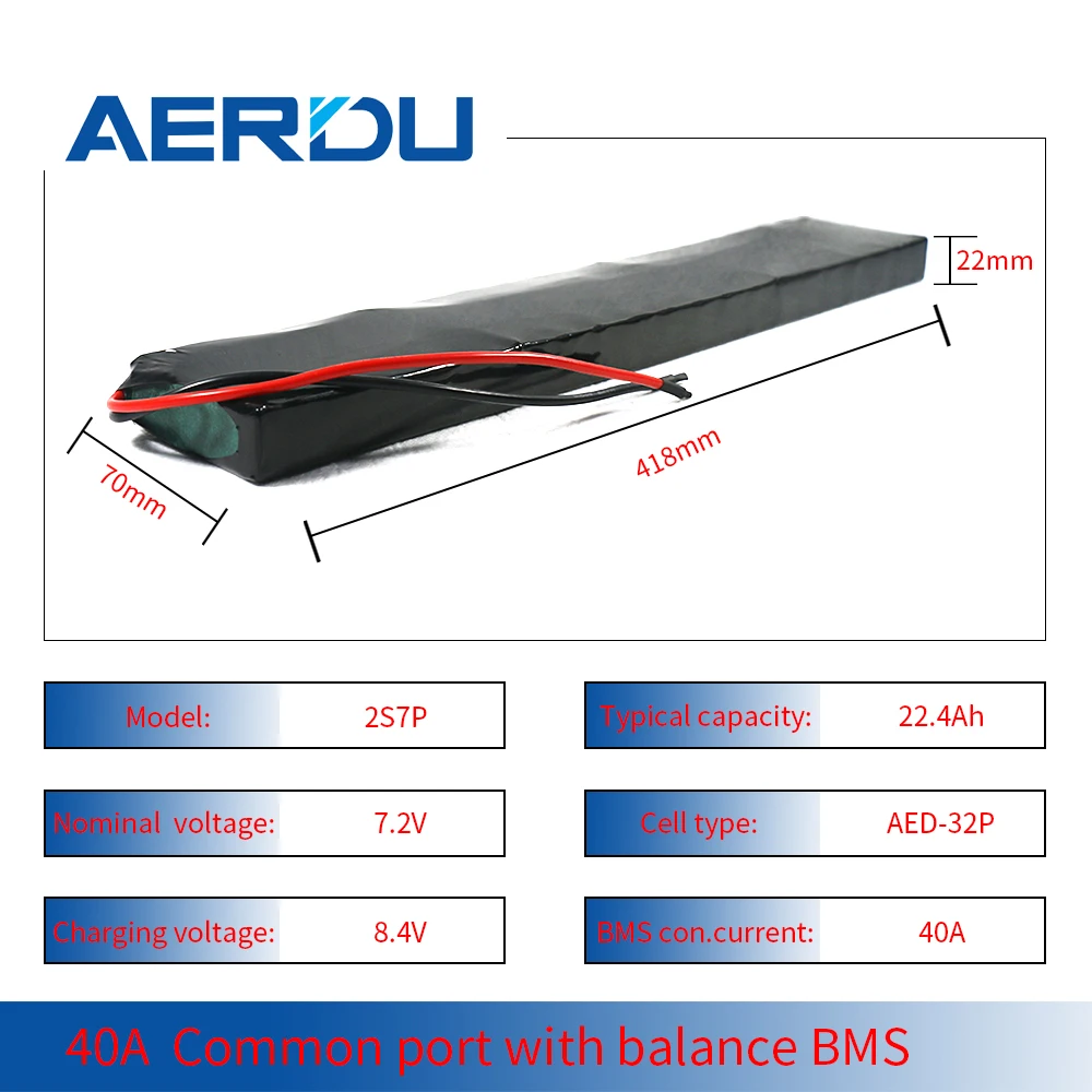

AERDU 2S7P 18650 Lithium Battery Pack 7.4v 22.4Ah Built-in 40A BMS Rechargeable for Scooter Motor Bait Boat 3200mah Cells 220W