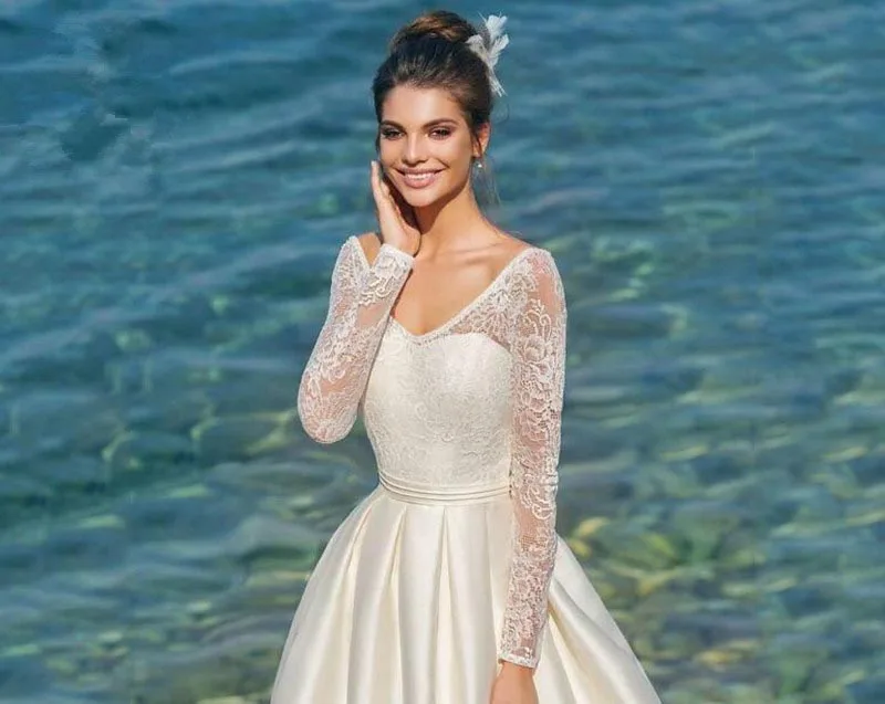 

Backless Vestido De Noiva Muslim Wedding Dresses A-line V-neck Long Sleeves Lace Boho Beach Wedding Gown Bridal Dresses