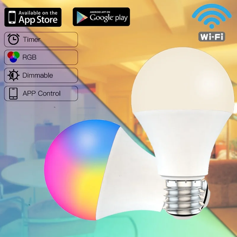 

Умсветильник лампа B22 E27 с Wi-Fi, 15 Вт, светодиодная лампа RGB для Alexa/Google Home, 2022 В/110 В переменного тока, функция RGB с регулируемой яркостью и таймер...
