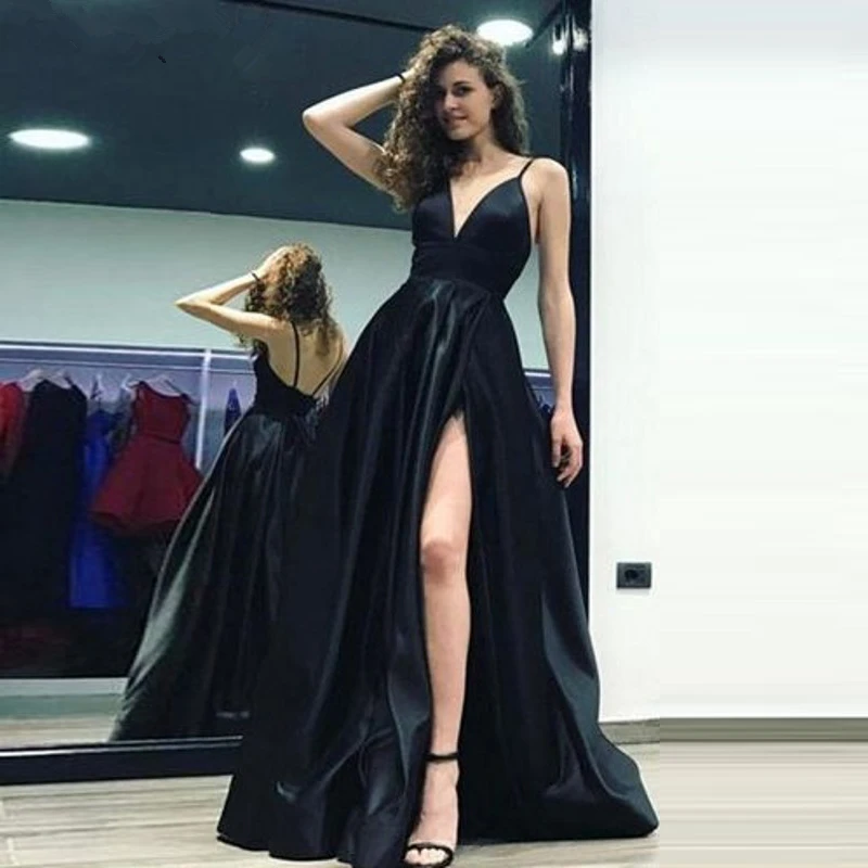 

Custom Made A Line Royal Blue Spaghetti Straps Sweetheart Prom Dress with High Slit Satin Long Evening Gown 2019