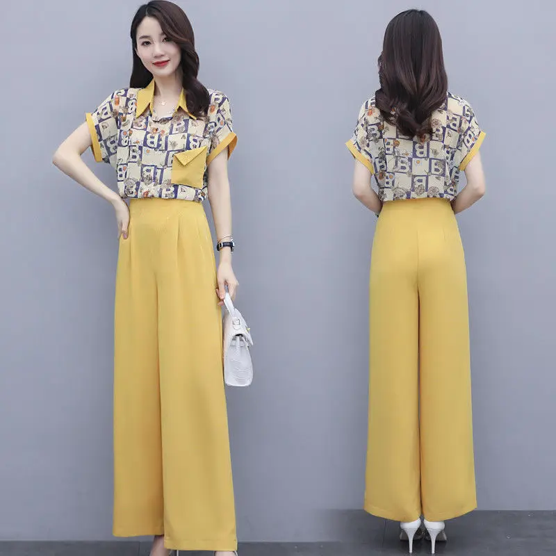 

Summer Women Sets Print Chiffon Blouse Wide Leg Pant Plus Sizes Two Piece Set Top and Pants Women Two Pieces Sets Tracksuits
