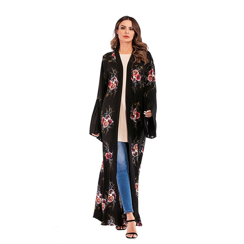 

Abayas for Women Muslim Dress Print Long Sleeve Lace Floral Islamic Turkish Clothing Jilbab Arab Ramadan Moroccan Kaftan Dresses