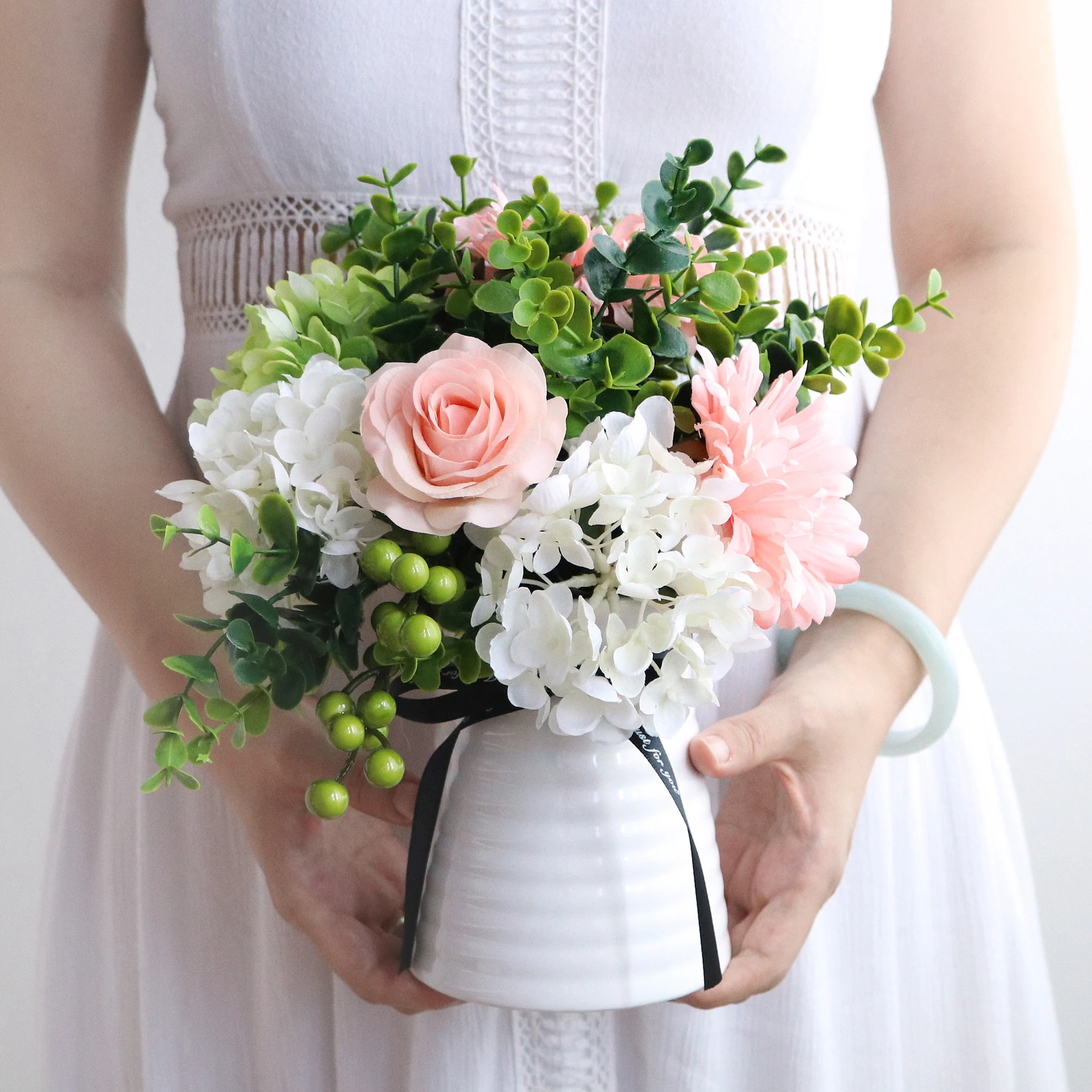 Современная керамическая ваза + набор искусственных цветов Декор свадебные