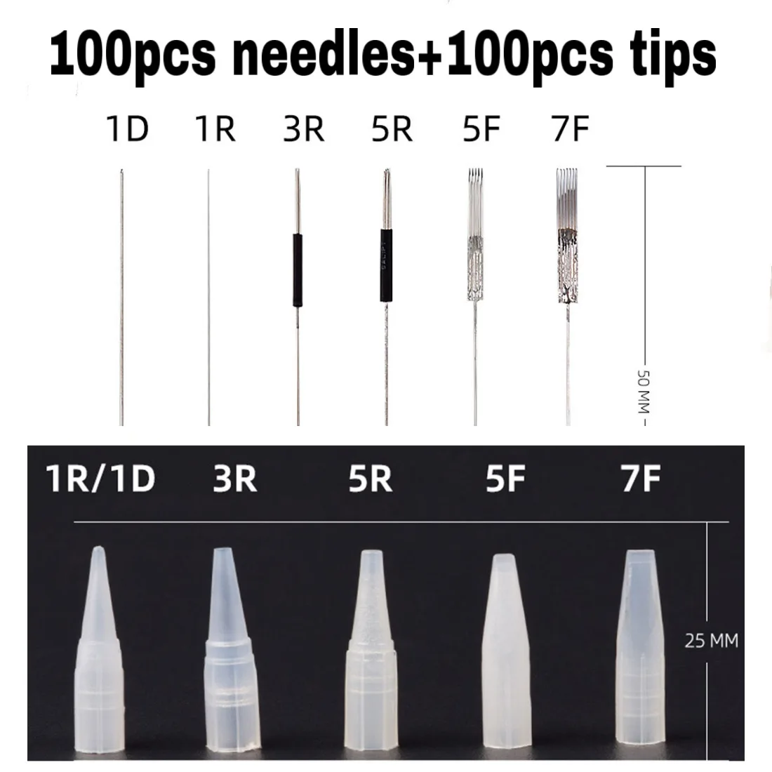 

Одноразовые тату-иглы 1R 3R 5R 5F 7F, 100 шт.