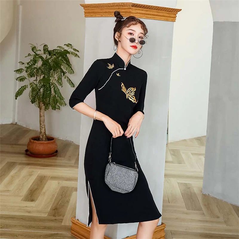 

Butterfly Embroidery Heavy Industry Embroidery Modern Chinese Style Dress Cheongsam Skirt Sexy Wedding Dresses for Women